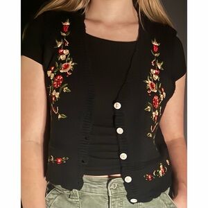 Black Cropped Cardigan with Red & Gold Floral Embroidery